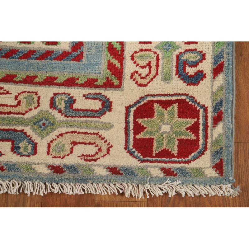 Light Blue Kazak Runner Rug Hand-Knotted Geometric Wool Carpet - 3'4" x 16'0"