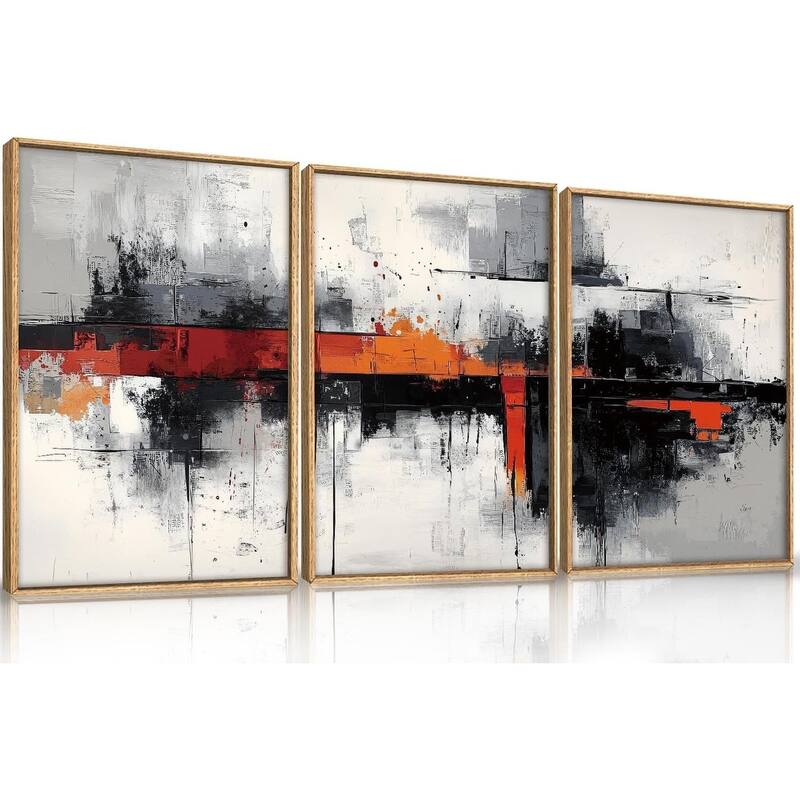 Neutral Black and Orange Wall Decor,Textured Gray White Wall Painting - 16 x 24