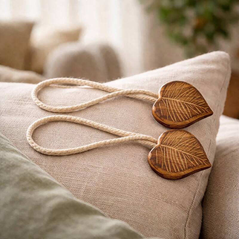 Magnetic Wooden Heart Curtain Tiebacks Easy to Use - 2 Tiebacks - Natural