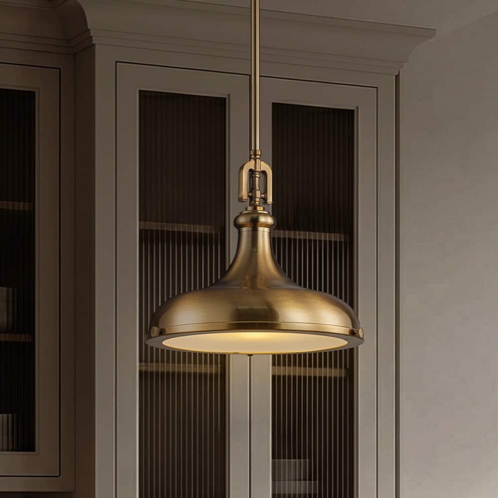 14'' Transitional 1-Light Satin Brass Pendant Light with Frosted Glass Shade for Kitchen Island or Dining Room - W14''