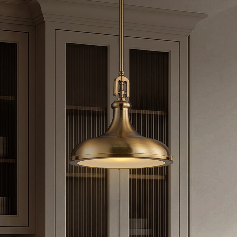 14'' Transitional 1-Light Satin Brass Pendant Light with Frosted Glass Shade for Kitchen Island or Dining Room - W14''