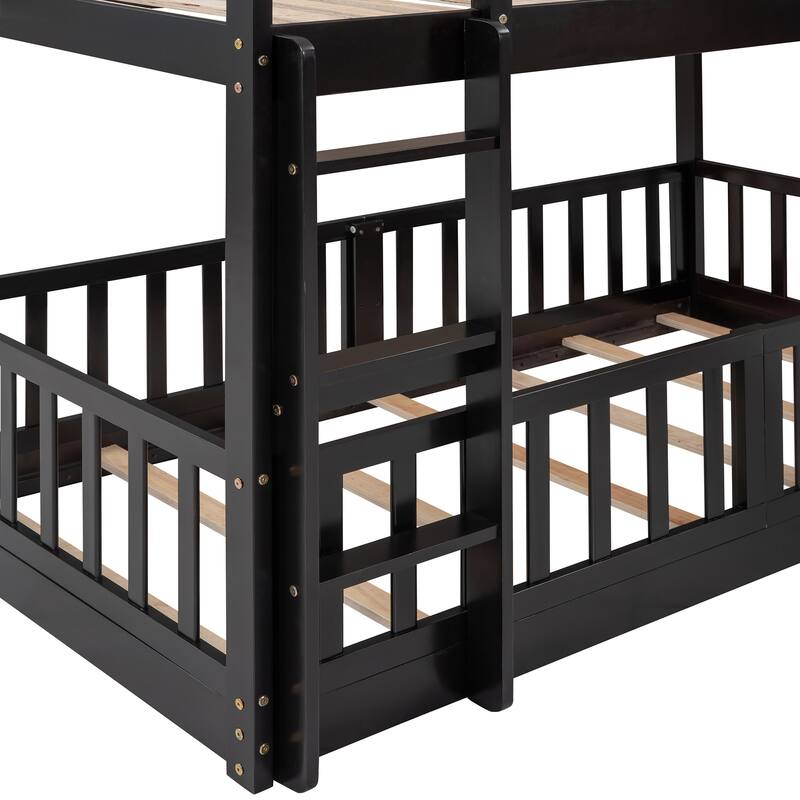 Solid Wood Twin Over Twin Size Low Bunk Bed with Slide and Ladder