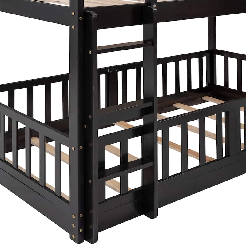 Twin Size Wooden Bunk Bed with Slide and Ladder, Solid Pinewood Twin over Twin Size Floor Bunk Bed Frame, Wood Slat Support