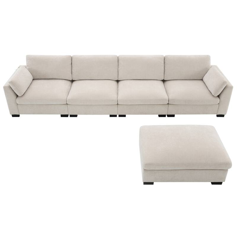 Modular L-Shaped Sectional Sofa with Foldable Table, Dual USB Charging, Side Storage Pockets and Movable Ottoman