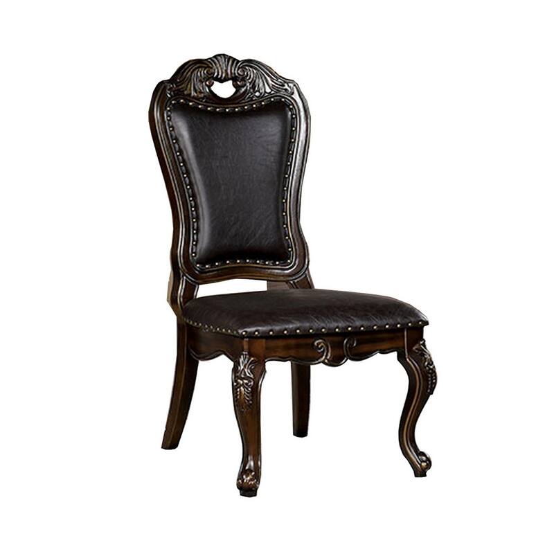 Ons 23 Inch Carved Dining Chair, Set of 2, Nailhead Trim Brown Faux Leather