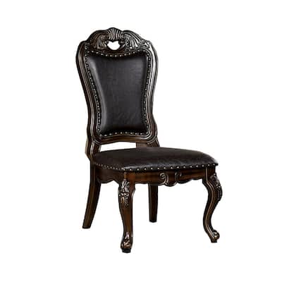 Ons 23 Inch Carved Dining Chair, Set of 2, Nailhead Trim Brown Faux Leather