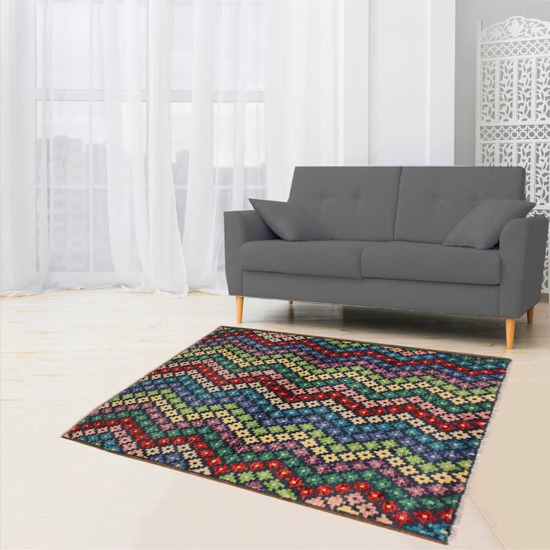 Contemporary Balochi Neal Blue/Beige Hand Knotted Wool Rug - 3'4'' x 4'8''