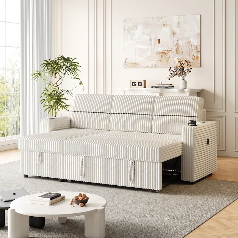 85 Inches Corduroy Sofa Bed, 3 Seater Sleeper Sofa with Storage Chaise