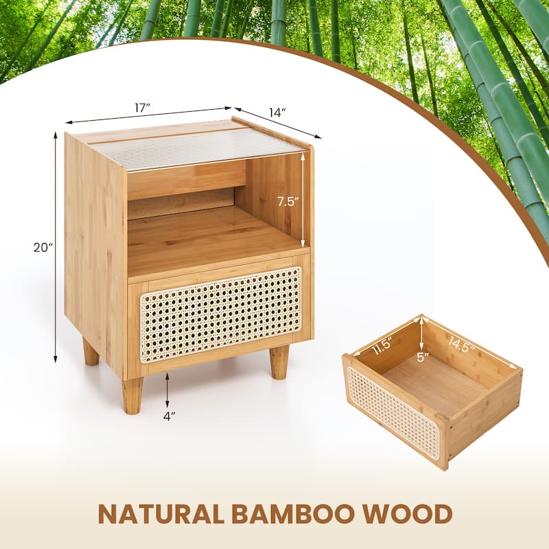 Bamboo Rattan Nightstand with Drawer and Solid Wood Legs