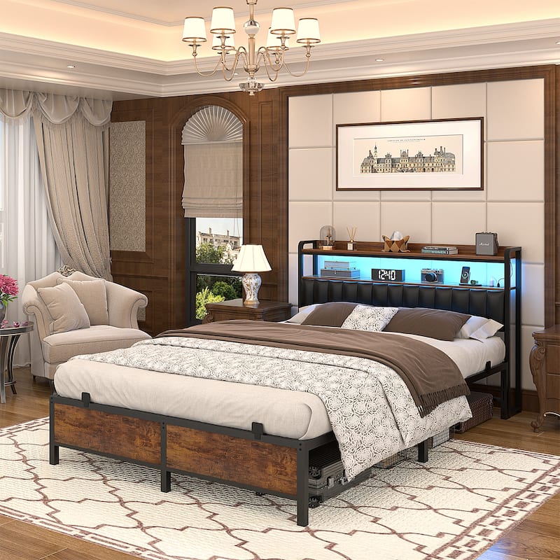 Platform Bed Frame with Upholstered Storage Headboard, Full/ Queen/ King Beds with Charge Station and LED Lights
