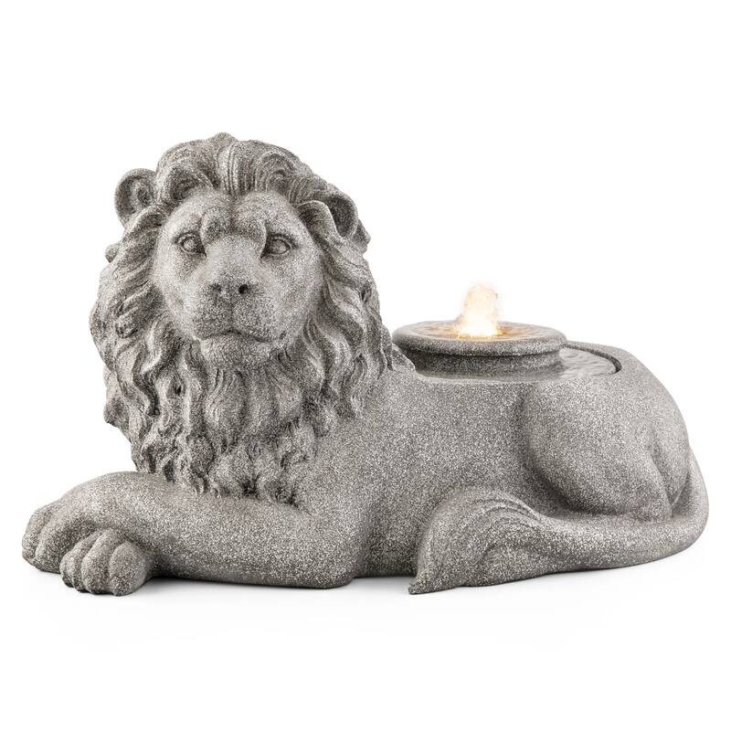 Glitzhome 20"L Zen-Style Lying Lion Polyresin Outdoor Fountain with Pump and LED Light