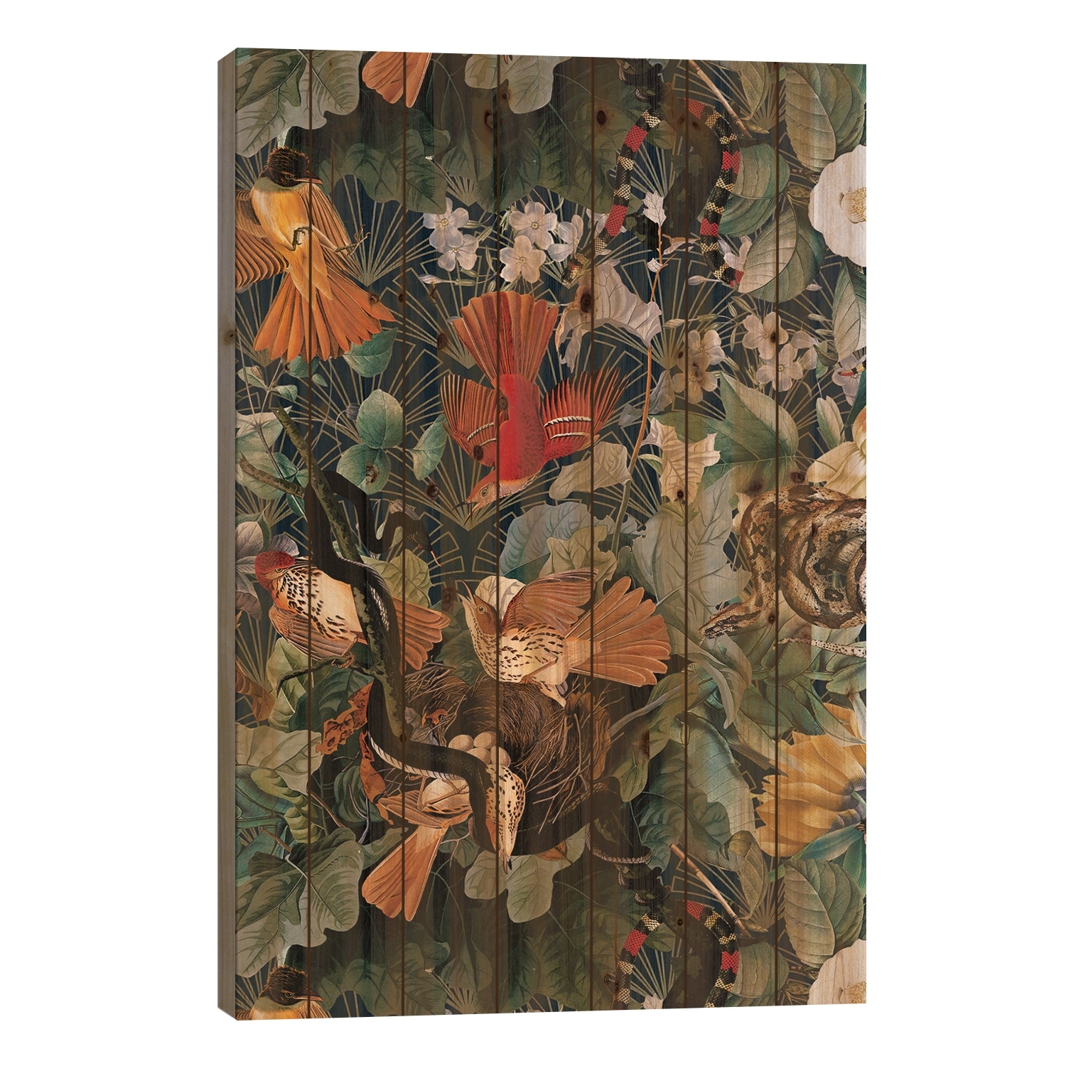 Birds And Snakes Print On Wood by Burcu Korkmazyurek - Multi-Color