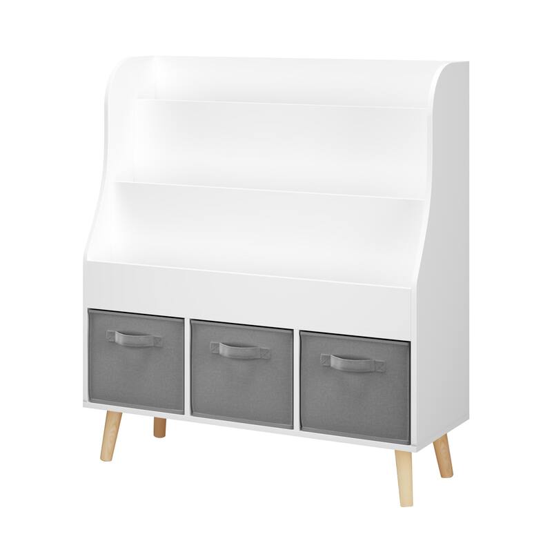 Anmytek 3 Tier Kids Bookcase with Toy Storage Drawers Slanted Display Shelves Pine Wood White for Nursery Playroom