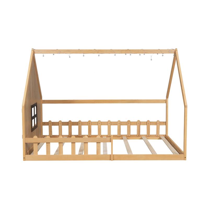 Full Size Wooden House Bed with Fence, Window, LED Lights, and Playful Design for Kids' Bedroom, No Box Spring Required