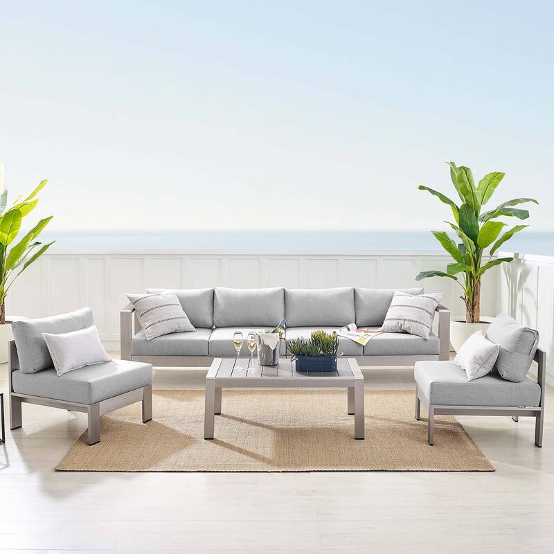 Shore Sunbrella Outdoor Patio Aluminum 5 Piece Sectional Sofa Set - Silver Gray