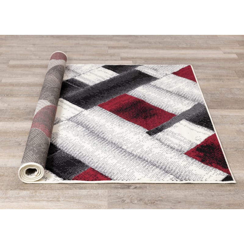 Florence Collection - Grey/Red Rectangles Area Rug - 4'7" x 6'7"