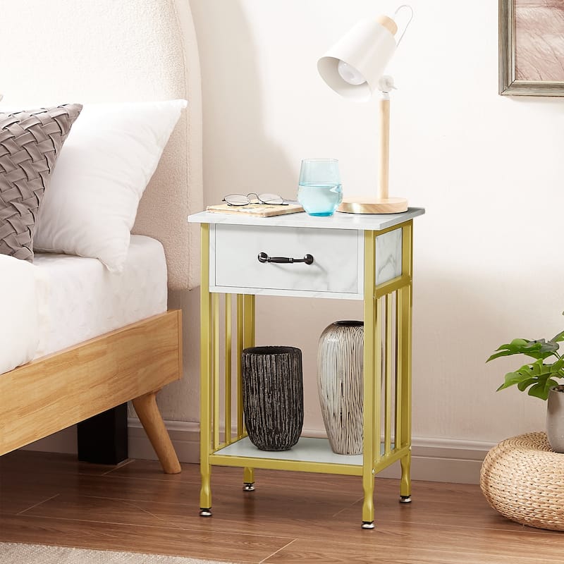VECELO Modern Nightstand with Drawer and Storage Shelf - White/Gold Side