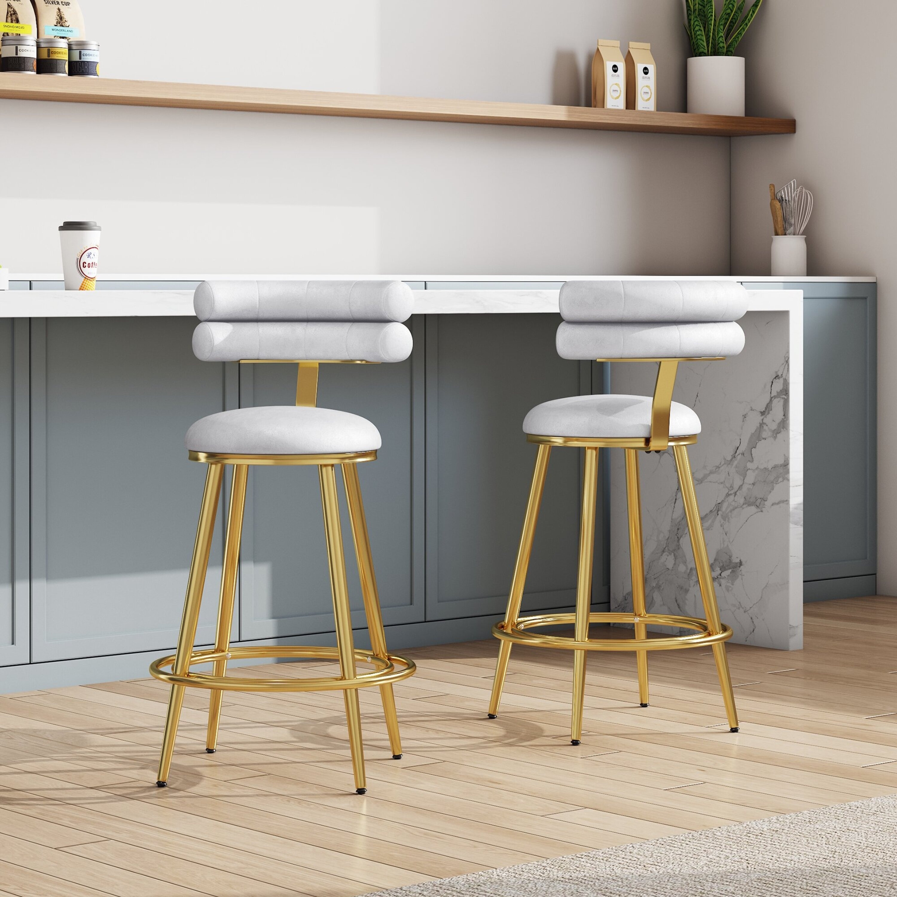 27.65" Modern Counter Stools Set Of 2, Velvet Counter Stools With Iron Frame, Soft Back And Cushion, Footrest