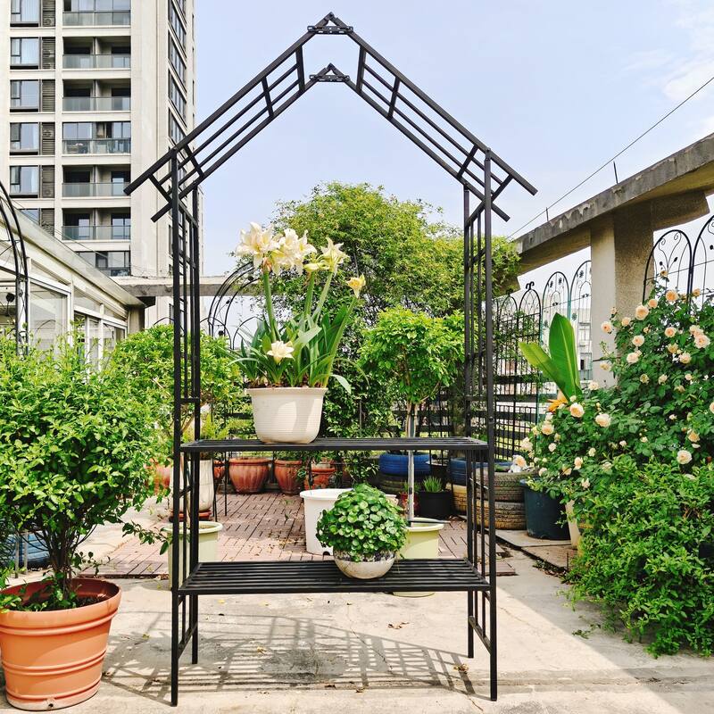 Metal Garden Arch with Bench Turned into Flower Stand Climbing Plants Support Rose Arch Outdoor Black