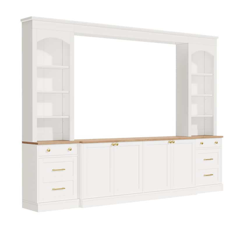 Farmhouse Arched Entertainment Center Wall Unit with Bookshelf,for TVs Up to 70",106"Multi-Functional Media Console with Drawer