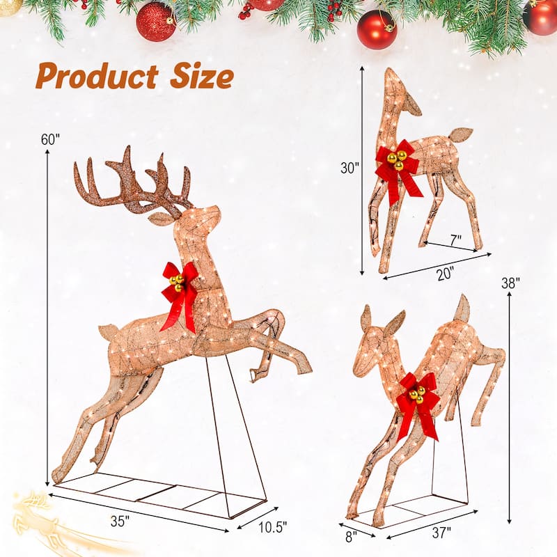 Lighted Christmas Reindeer Outdoor Decoration 3 Piece Glitter Set with LED Lights and Red Bows
