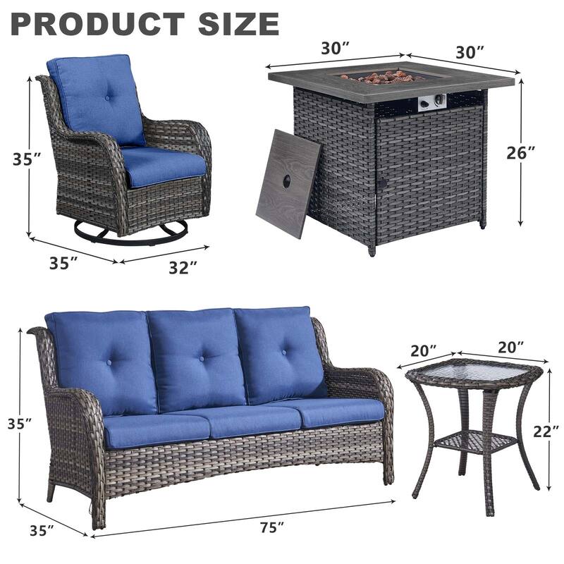 Gymojoy Outdoor Wicker 3-Seat Sofa with Fire Pit Table Swivel Chiar Table