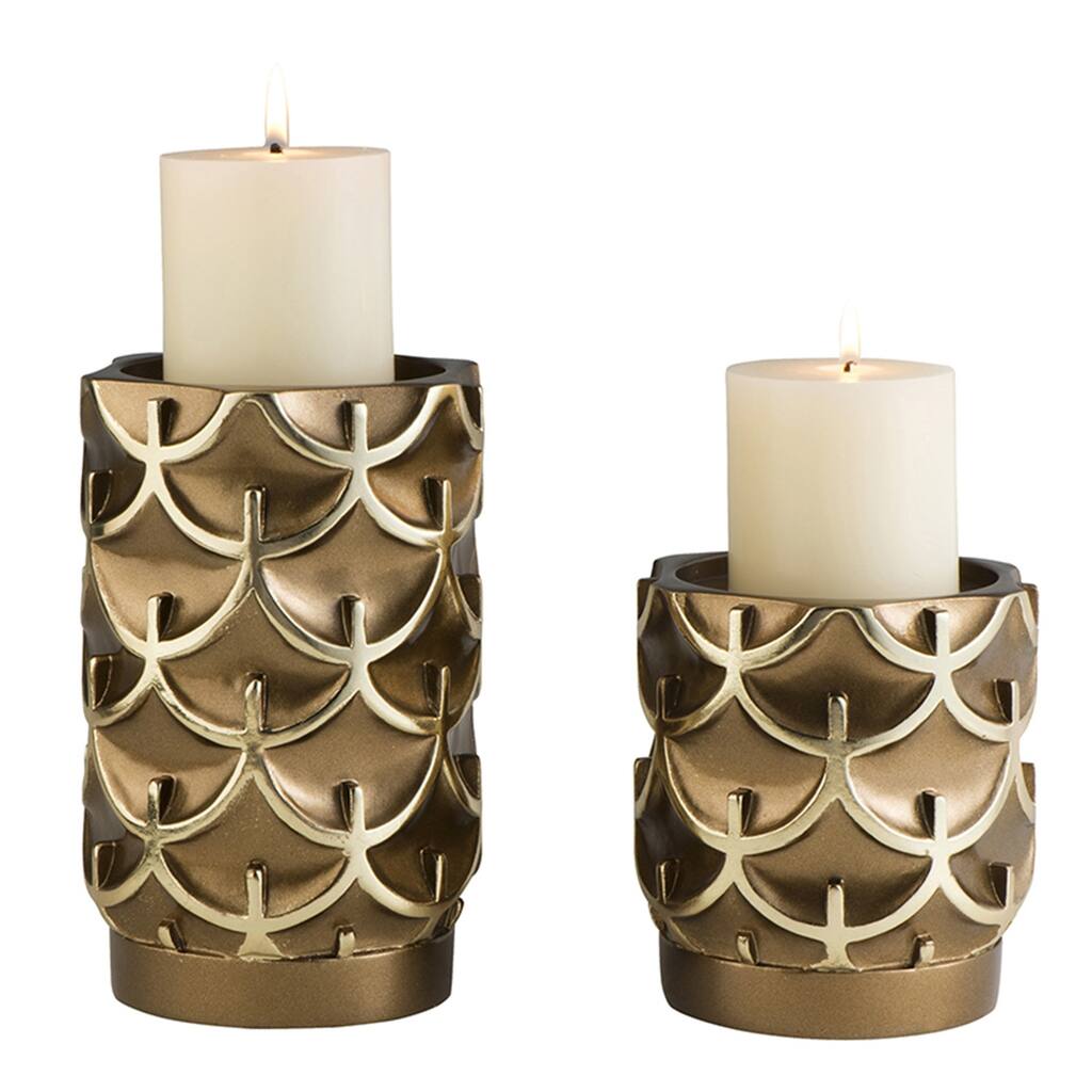 Set of 2 Antiqued Brass Polyresin Candleholders with Geometric Fish Scale Design and Votive Candles - 5" x 5" x 5.5"