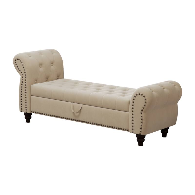 64.5" Bench for Bed Room Nails Tufted Chaise of Lounge with Storage Velvet Upholstery Khaki
