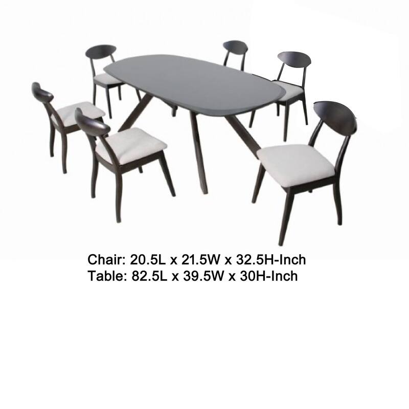 Ziva 7pc Dining Table Set, 6 Fabric Chairs, 3D Cut Edges, Black Wood