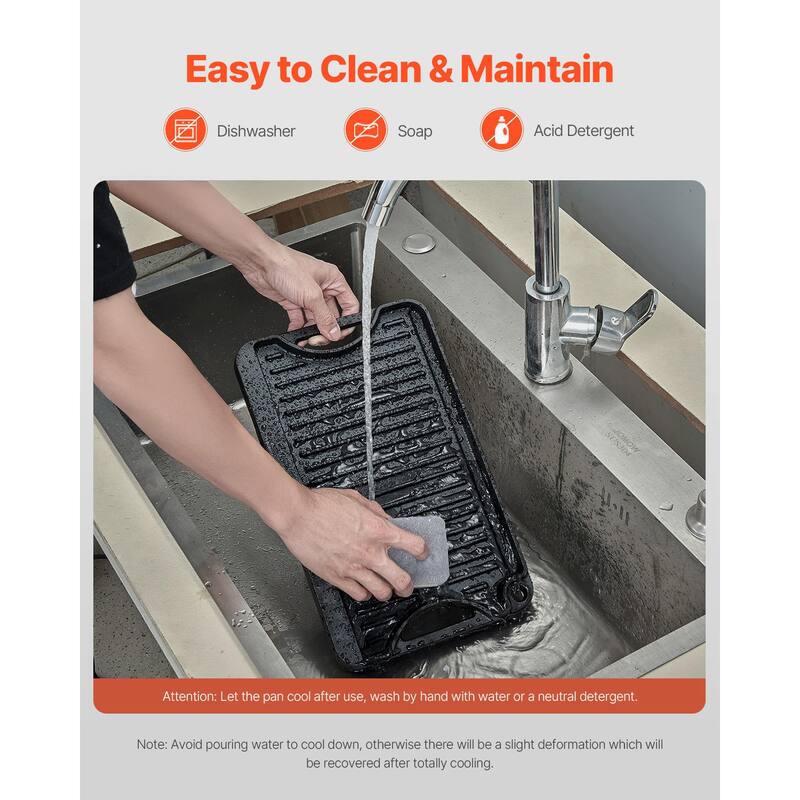 Anmytek 14x8.5 inch Reversible Grill Griddle Pre-Seasoned BBQ Pan Cast Iron Black