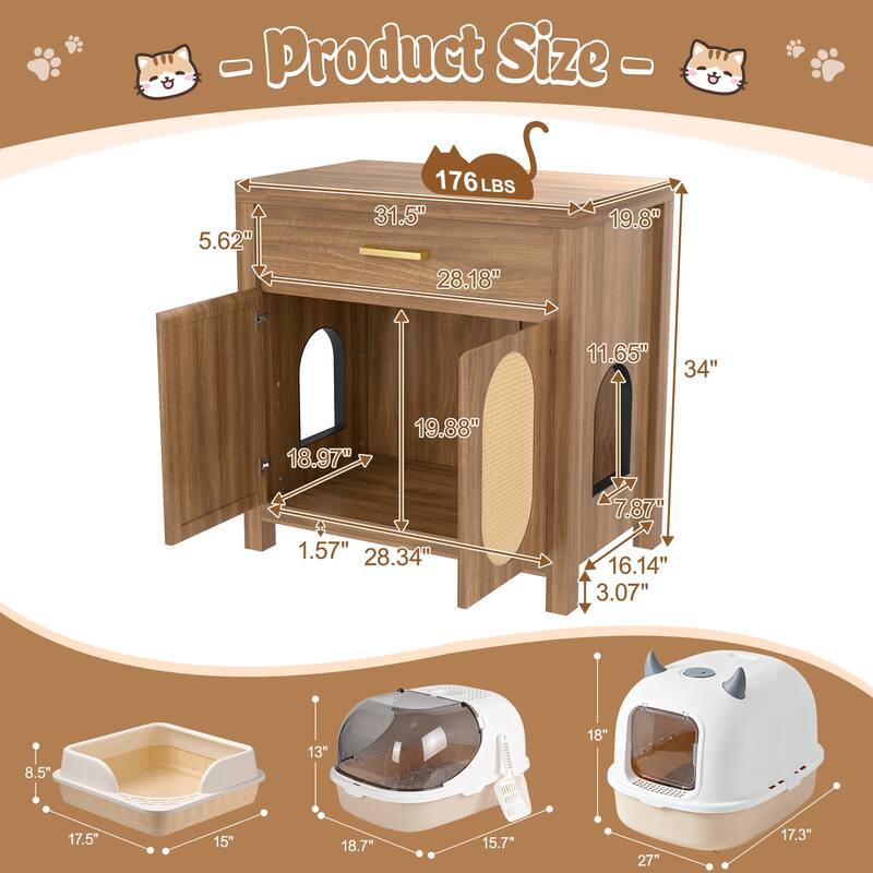 Cat Litter Box Enclosure, Hidden Cat Litter Box Furniture with Scratching Board Doors and Storage Drawer