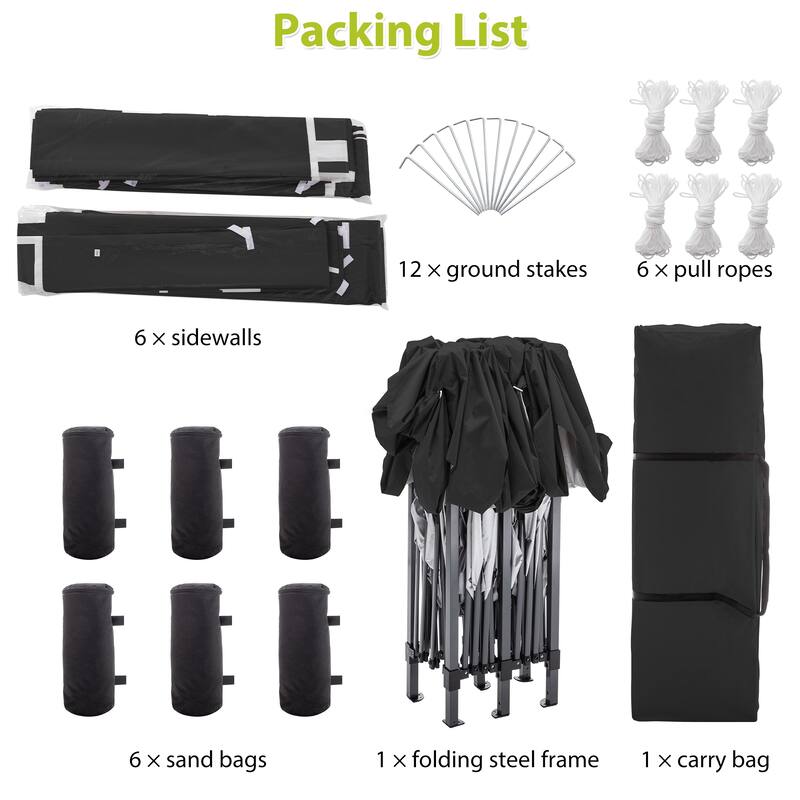 10 ft. x 20 ft. Pop Up Canopy Outdoor Portable Party Wedding Tent with 6 Removable Sidewalls and Carry Bag + 6pcs Weight Bag