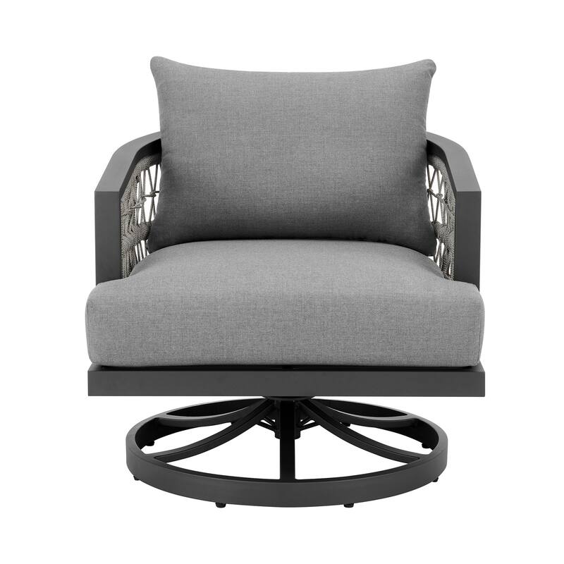 Hosa 30 Inch Outdoor Patio Swivel Armchair, Gray Metal Frame, Woven Rope