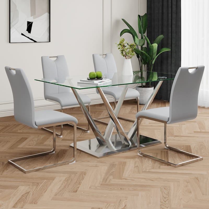 63" Glass Dining Table Set for 4, 5 Piece Dining Table and Chairs Set, Rectangular Table with 4 Faux Leather Chairs & Metal Legs