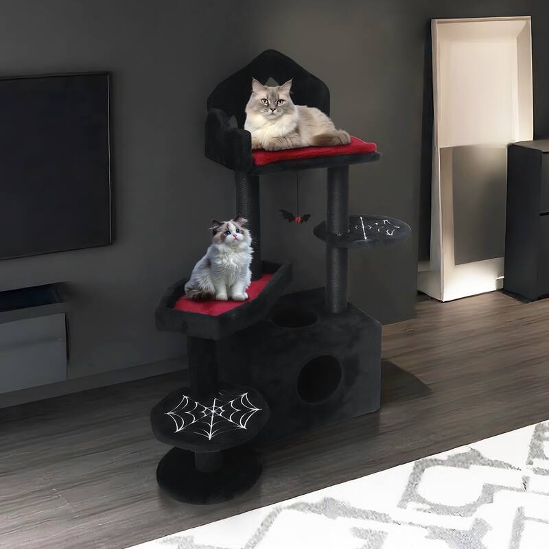 44.5 in Gothic Cat Tree, Multi-Level Spooky Cat Tree with Scratching Posts, Perches, Hammock, and Cat Cave for Indoor Cats