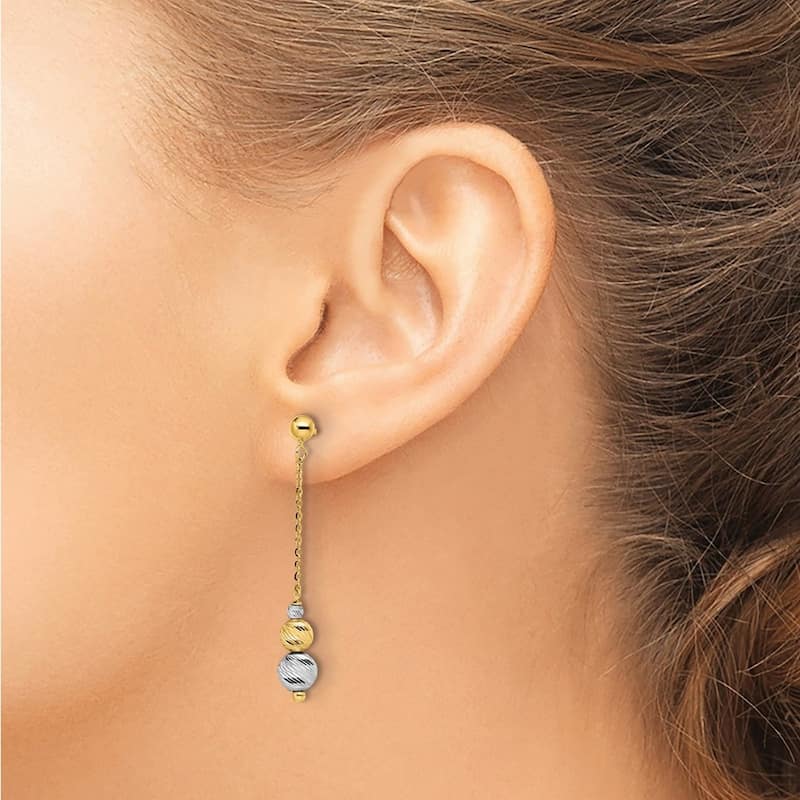 Curata 14k Two tone Gold Textured Bead Long Drop Dangle Earrings 42x6mm