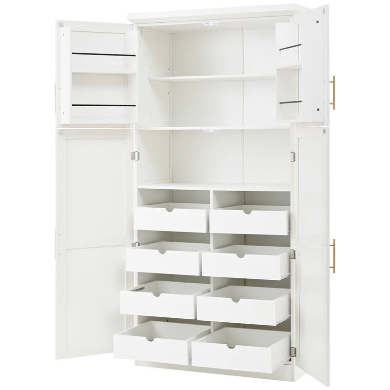 70.9 inch Freestanding Kitchen Cabinet, Tall Storage Cabinet with 4 Doors, 2 Door Shelves, 8 Pull-out Trays and Adjustable Shelf