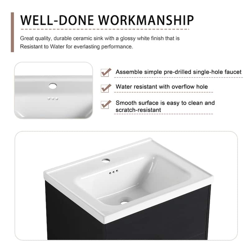 24 inch Wall-Mounted Bathroom Vanity Set in Black with Integrated Ceramic Sink