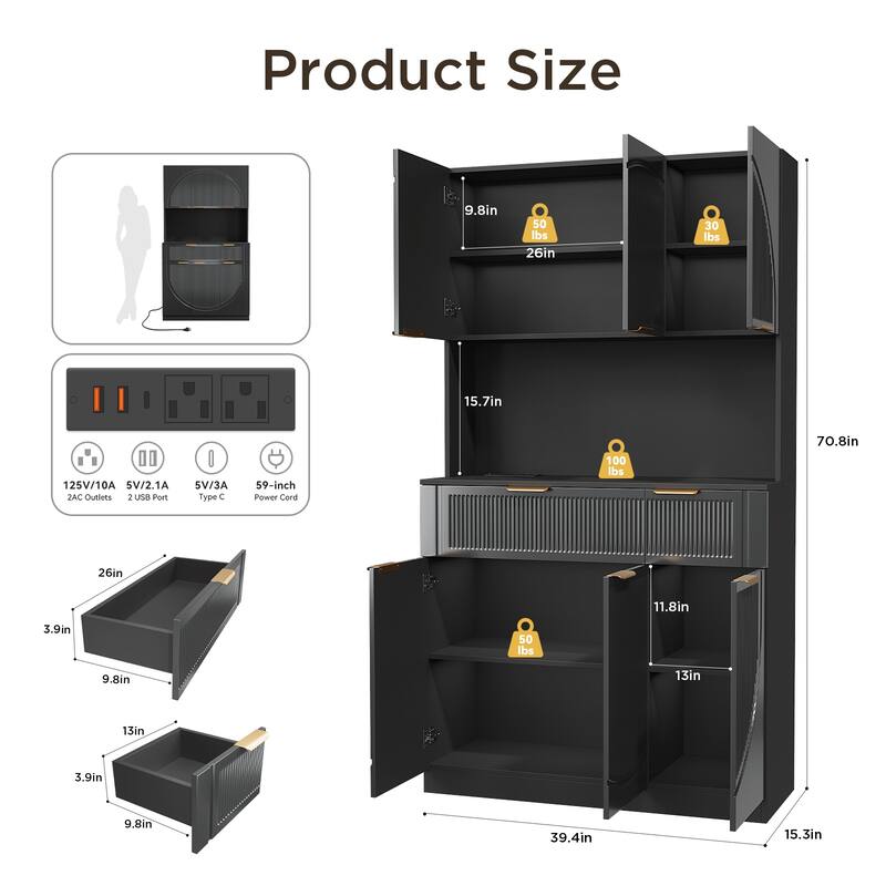 Fluted Kitchen Pantry Storage Cabinet with Microwave Stand, Outlets, Ample Space for Small Kitchens, Apartments & Home Offices