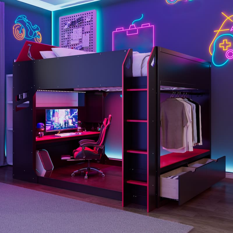 Full Size Loft Bed with Desk and RGB Lights, Wood Storage Bed with Drawers - Red