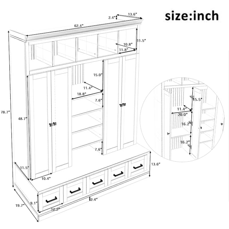 78.7'' H Hall Tree with Bench, 5 Cubbies, 4 Doors & 5 Drawers, Adjustable Shelves Entryway Storage Cabinet