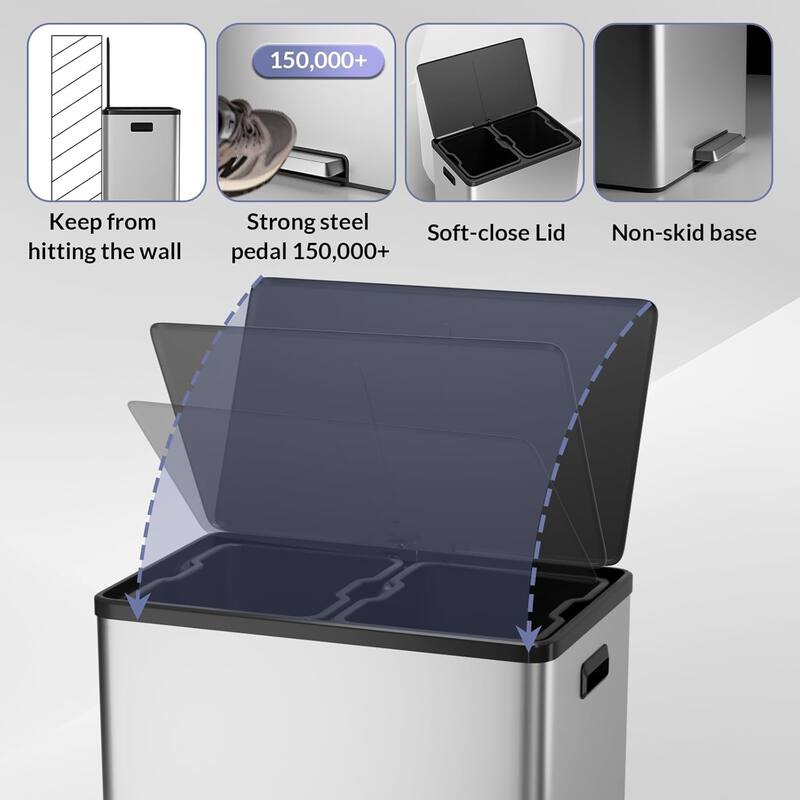 2 x 8 Gallon (2 x 30 L) Stainless Steel Step Trash Can, Dual Compartment with Removable Buckets, Soft-Close Lid