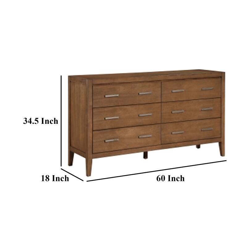Evi Dresser, 60 Inch, 6 Drawers, Brushed Rich Brown Wood, Brass Pulls