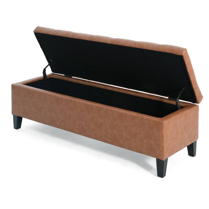 Upholstered Button Tufted Storage Ottoman, PU, Cognac Brown