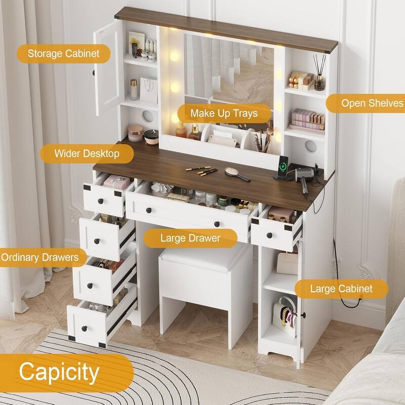 Makeup Vanity Table with 6 Drawers and 2 Cabinets,Vanity Table with Mirror and Lights