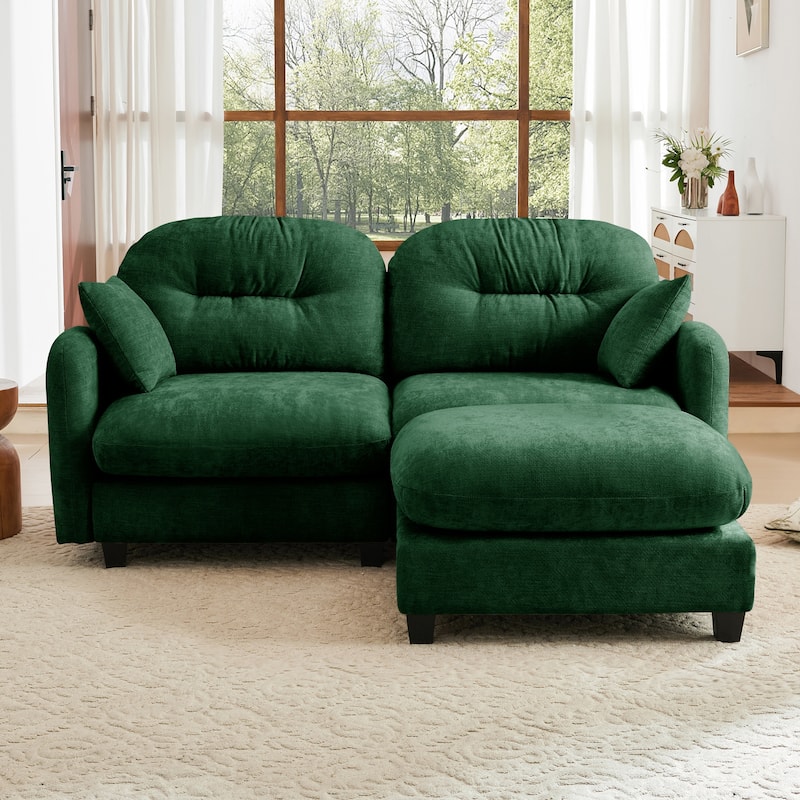 2 Seat Chenille Sofa Round Arms Sectional Sofa, Modern 74" Tufted Back Couch with Ottoman for Lving Room, Small Space
