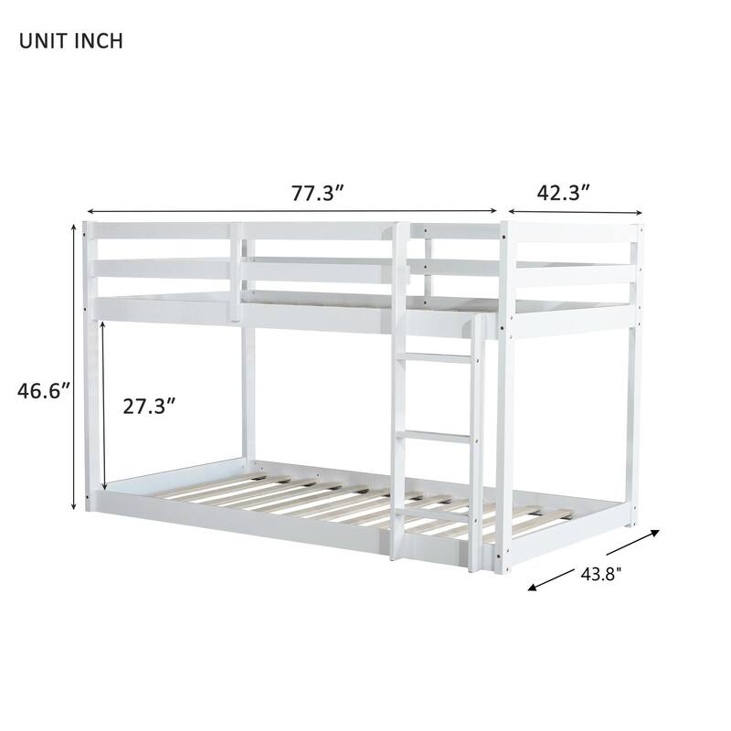 Roomfitters Solid Rubber Wood Twin over Twin Floor Bunk Bed with Ladder, Reinforced Slat Platforms, Low Height Design