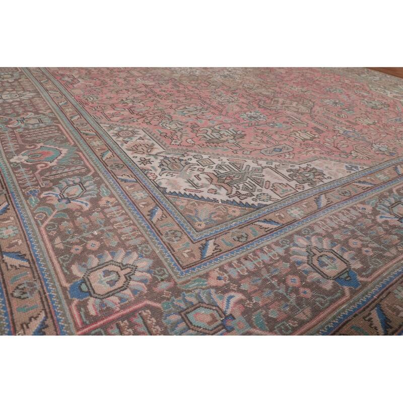 Pink Geometric Tabriz Persian Vintage Rug Hand-Knotted Wool Carpet - 9'6"x 12'4"
