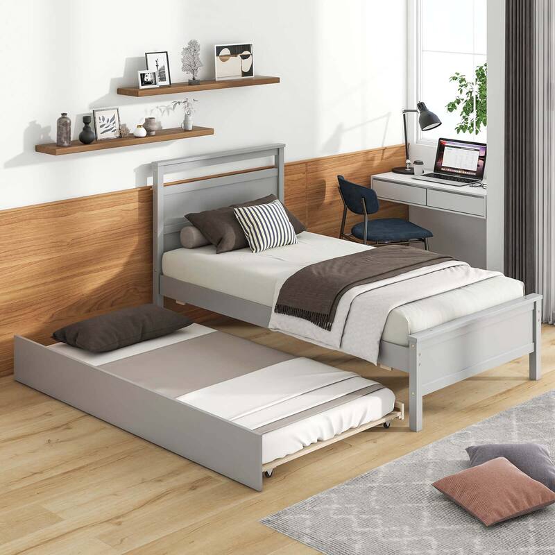 Costway Twin Size Platform Bed with Trundle Pull-out Trundle Headboard