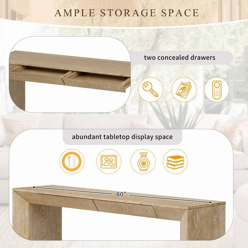 60" Farmhouse Console Table with 2 Concealed Drawers and Durable Waterfall Design